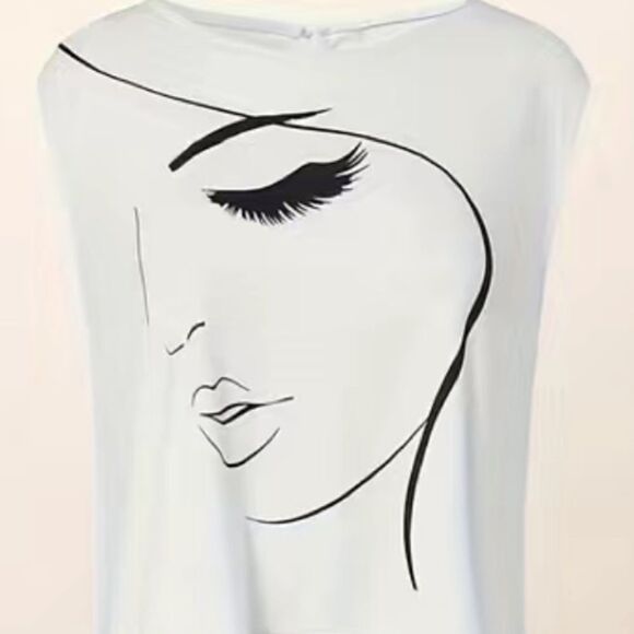 Sleeveless abstract, figure print round neck, asymmetrical hem tunic top. Says 2 - Picture 4 of 11